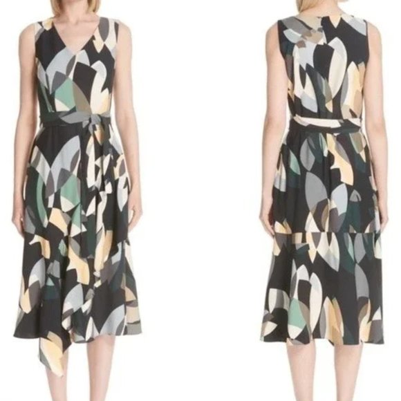 Lafayette 148 Abstract Telson Crepe Tie Belted Ruffle Midi Dress Sleeveless 4 - Picture 10 of 10
